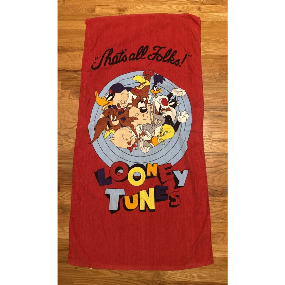 Vintage 1992 Looney Tunes Beach Towel "That's All Folks" Taz Bugs Tweety Daffy